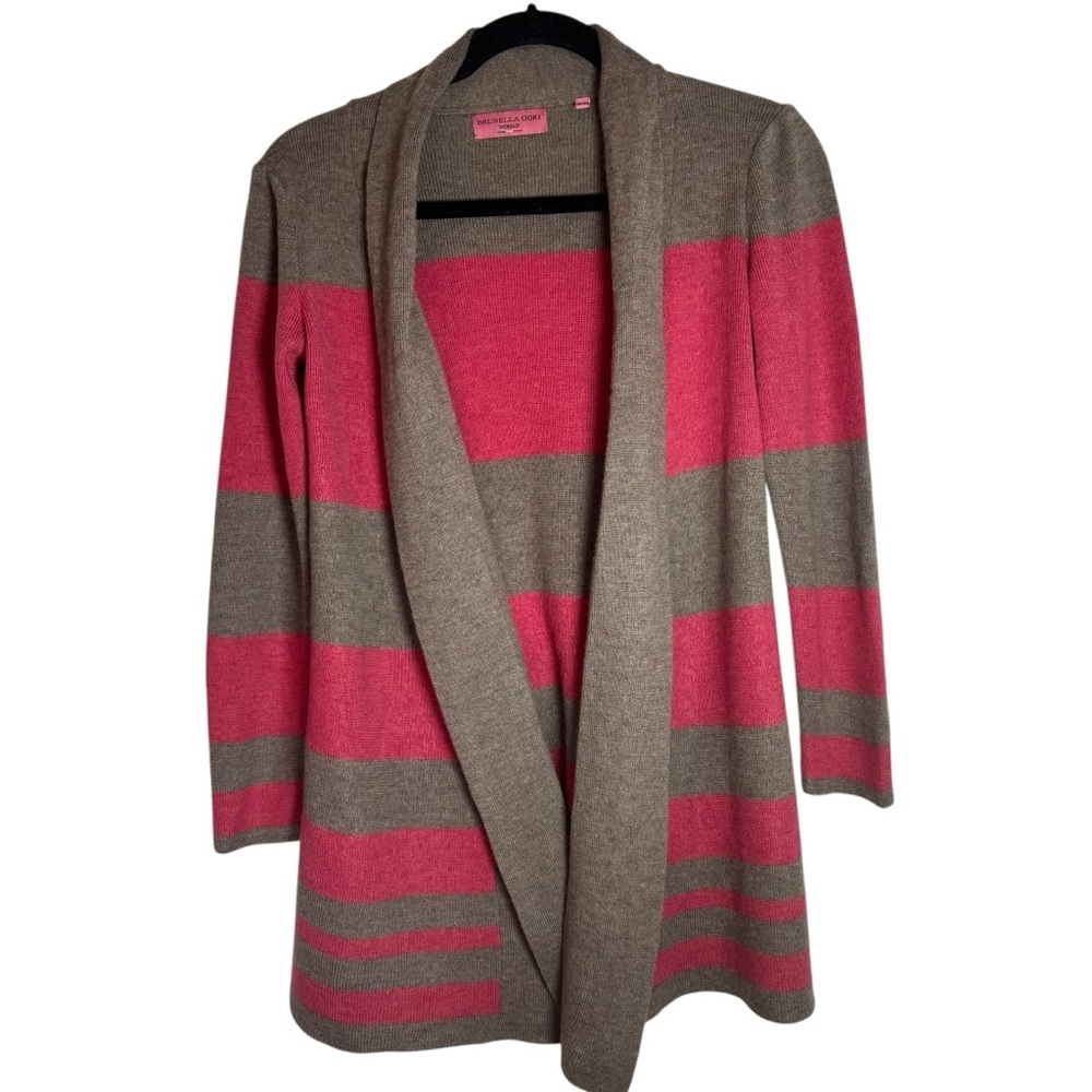 Brunella Gori 100% Wool Striped Pink and Tan Open Front Medium Cardigan